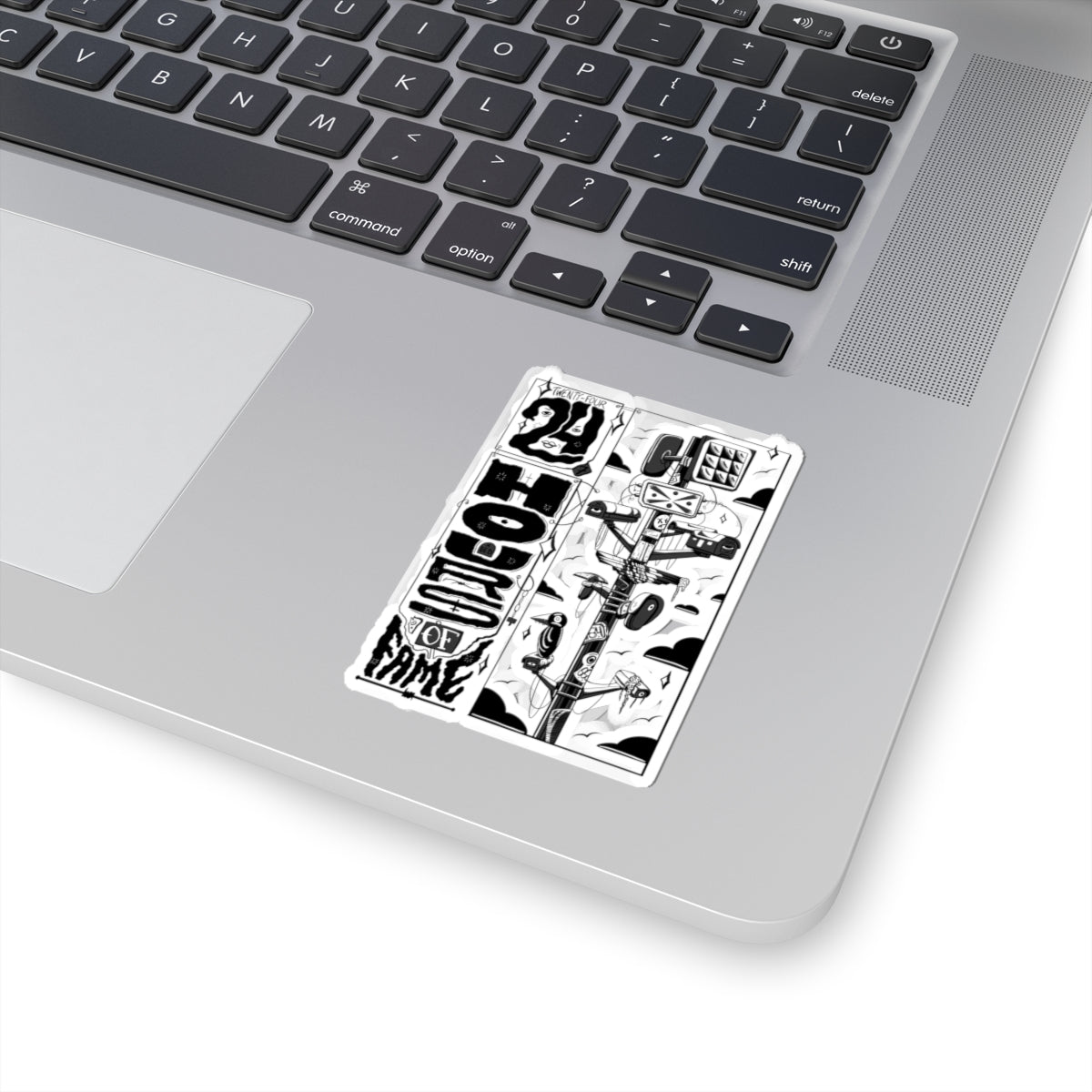 Kiss-Cut Sticker Sheet — 24 Hrs of Fame Black & White Illustration