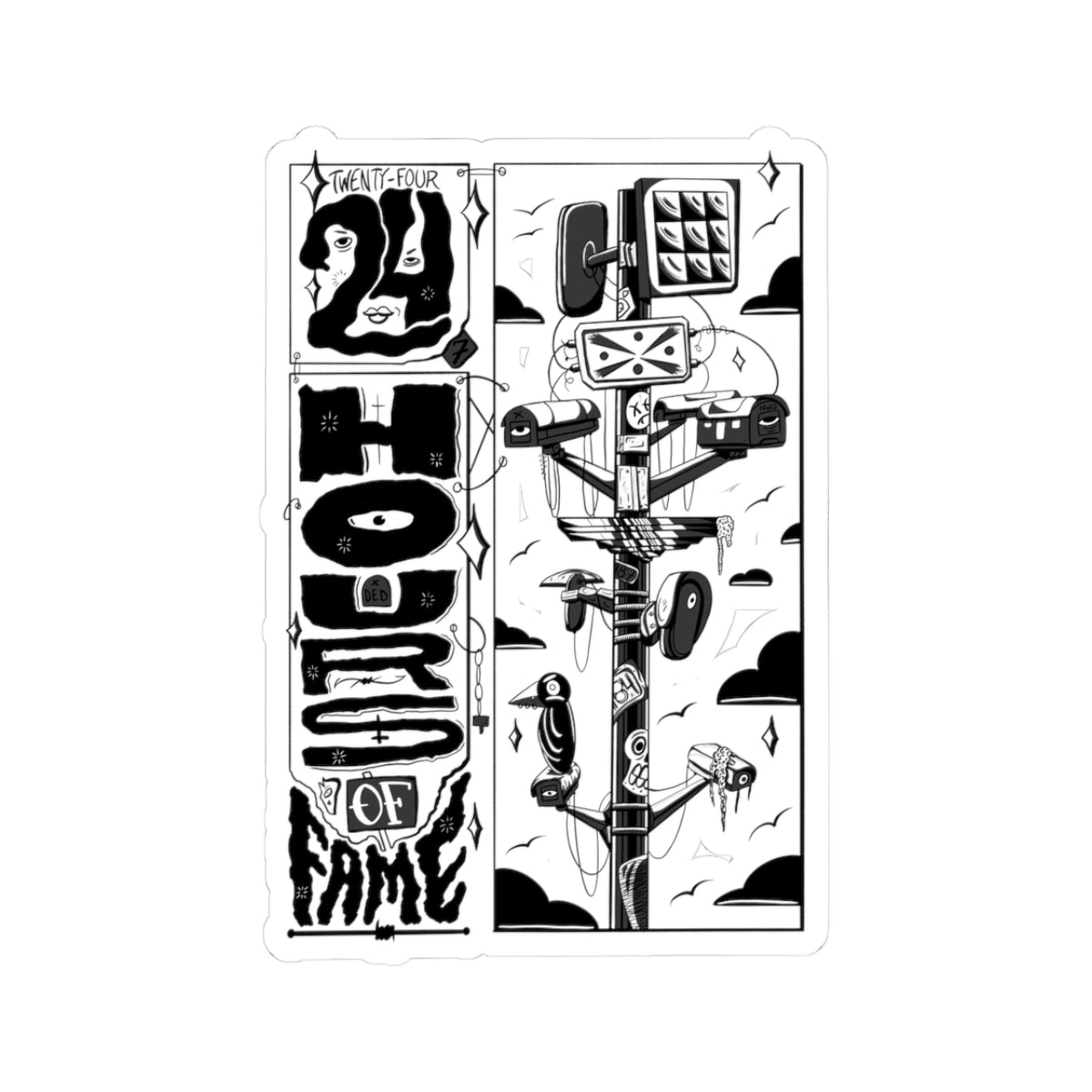 Kiss-Cut Sticker Sheet — 24 Hrs of Fame Black & White Illustration
