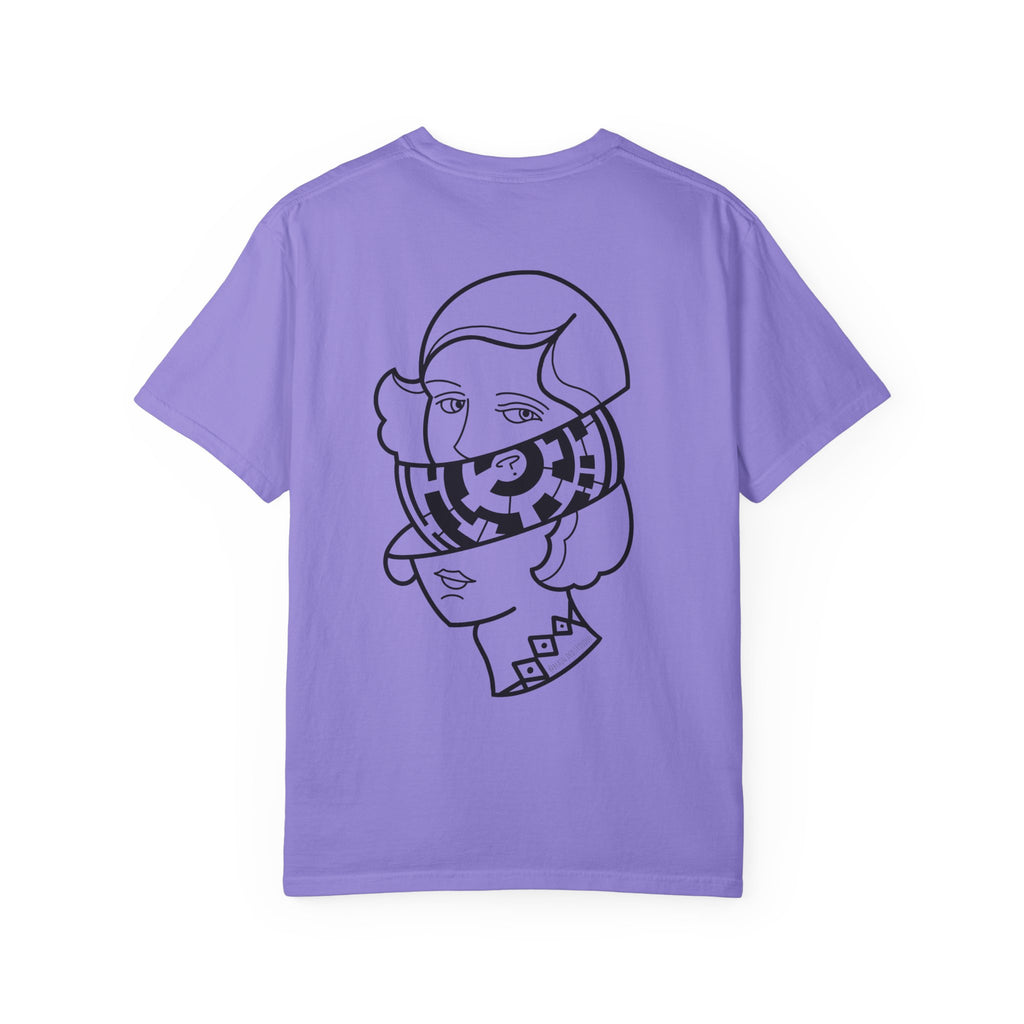 Graphic T-Shirt — Surreal Maze Lady Head Portrait Line Art
