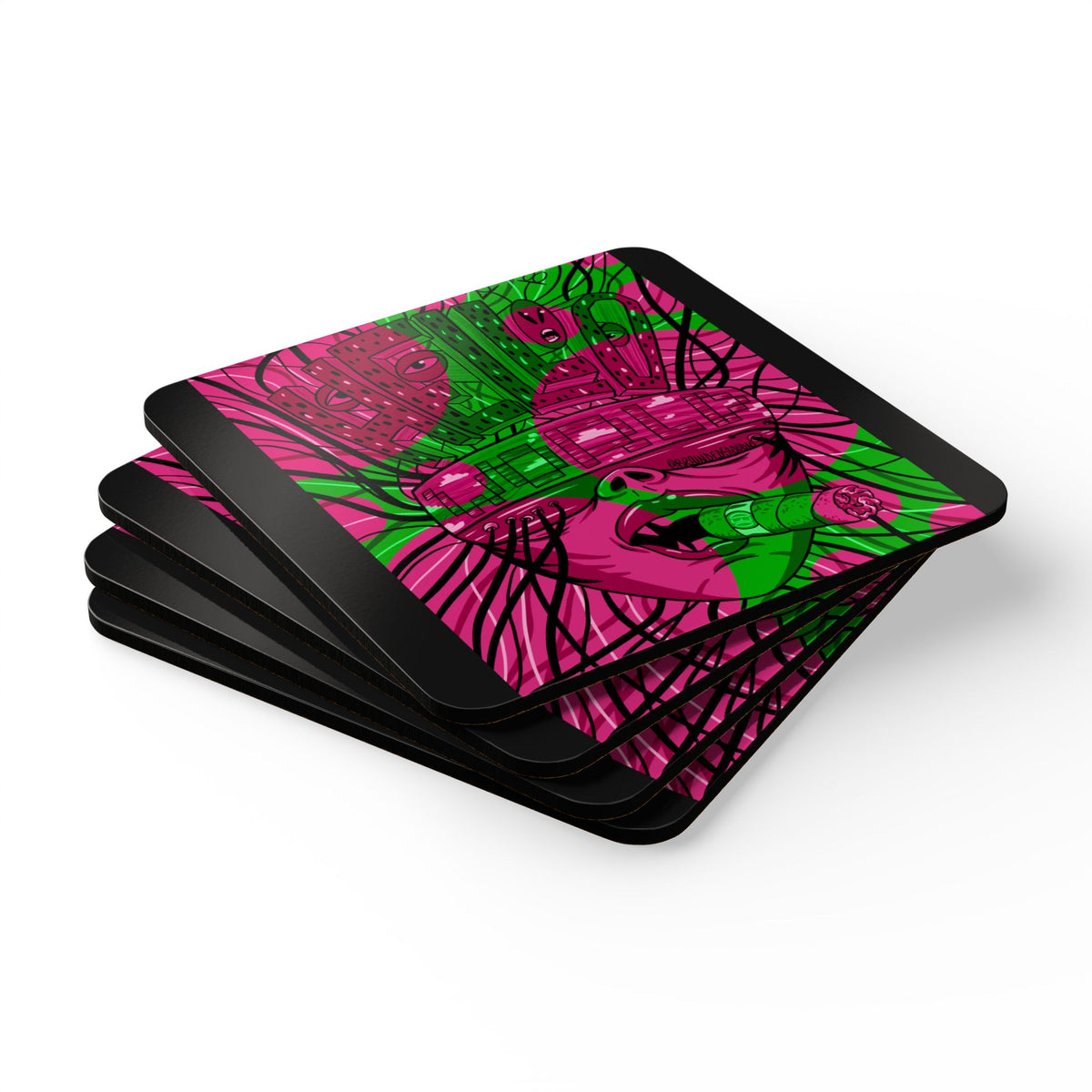 Psychedelic Hello World Coaster Set — Neon Pink & Green Abstract Art