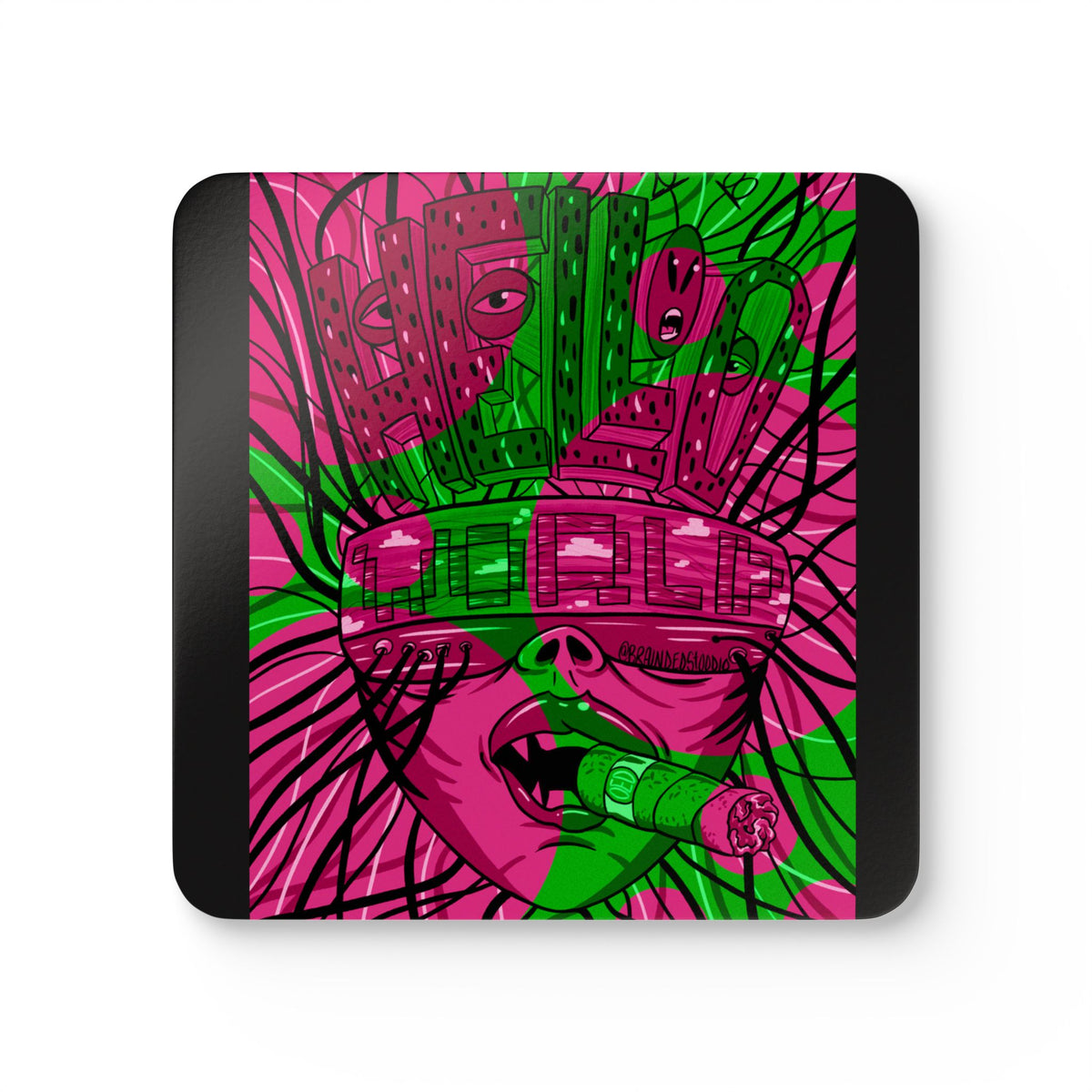 Psychedelic Hello World Coaster Set — Neon Pink & Green Abstract Art