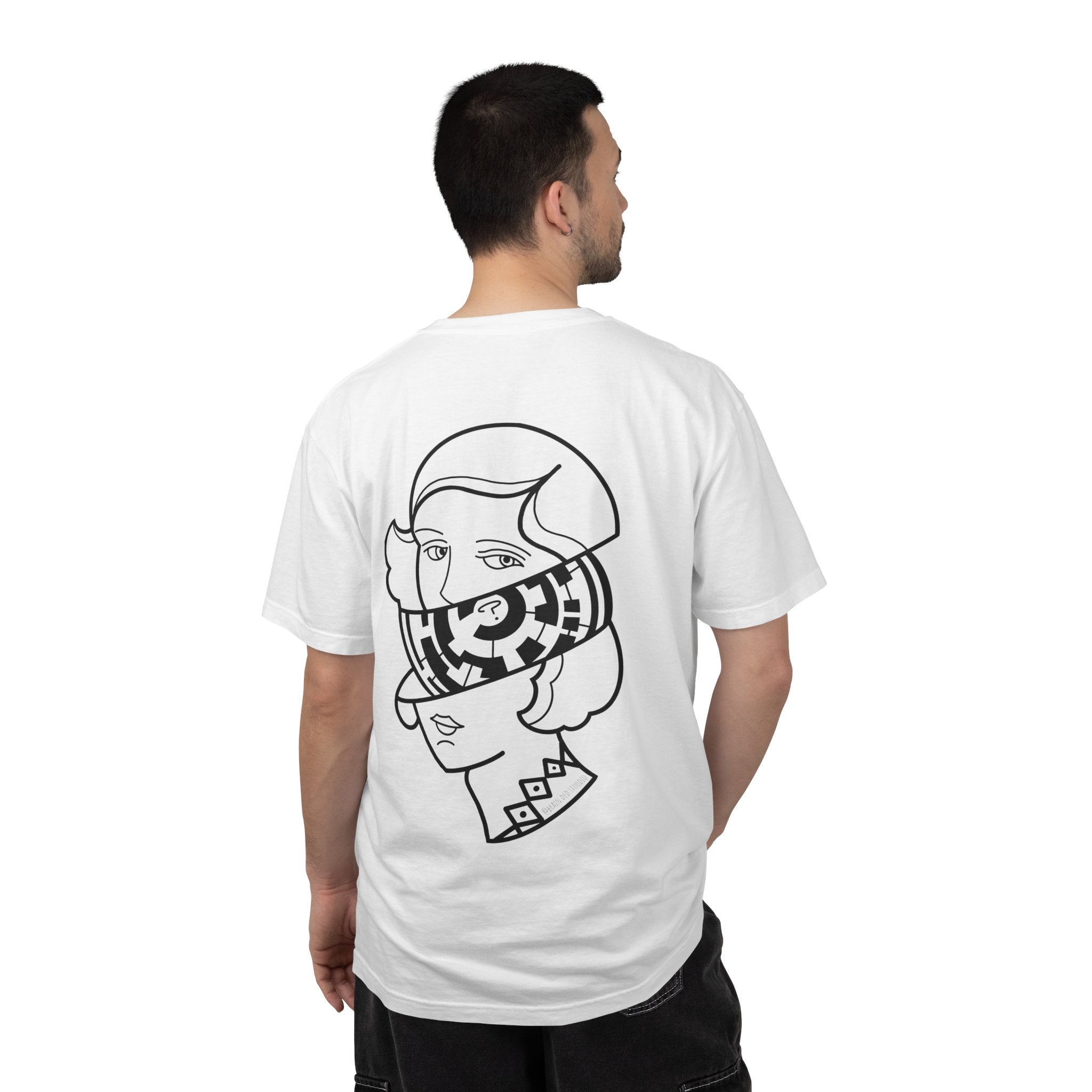 Graphic T-Shirt — Surreal Maze Lady Head Portrait Line Art