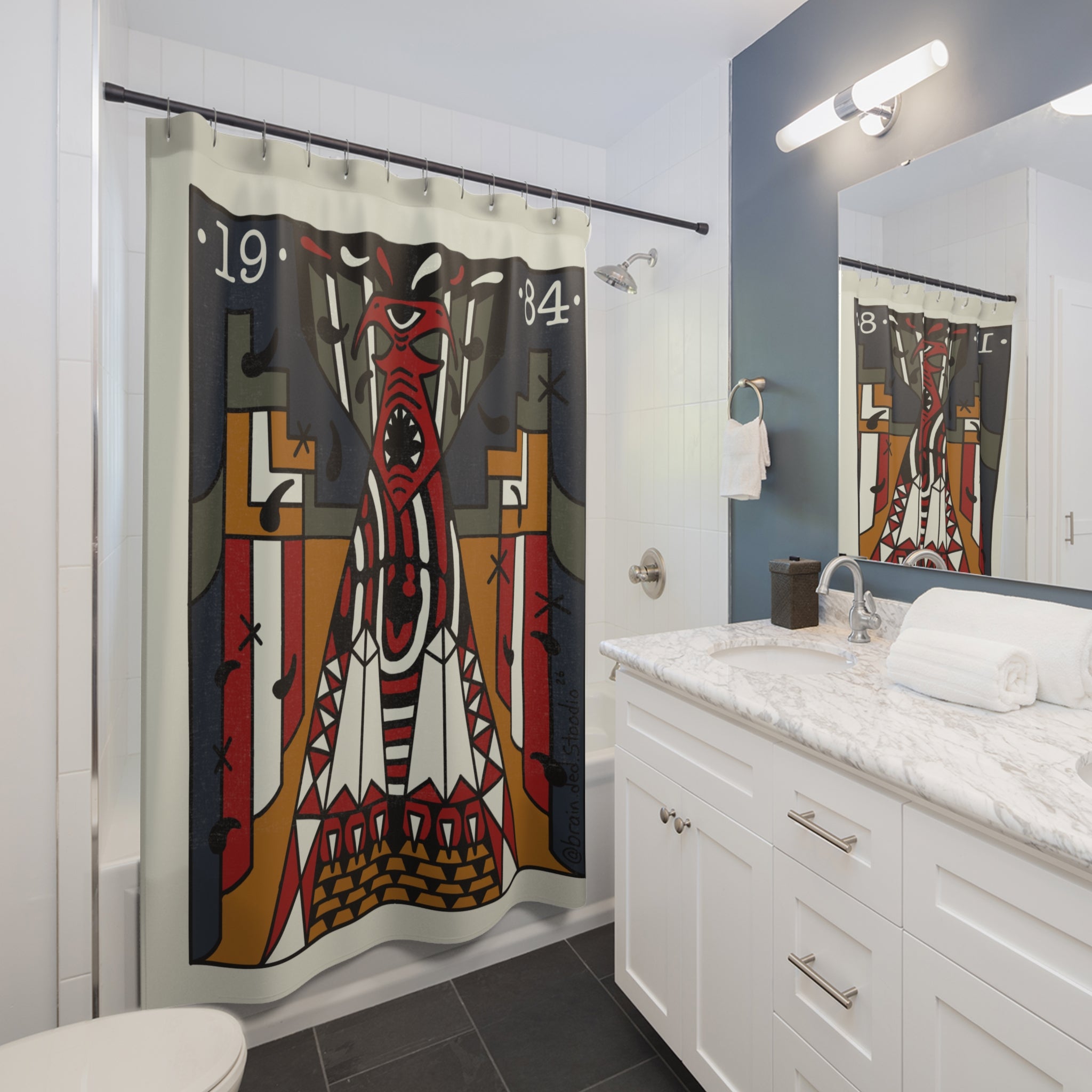 Shower Curtain — 1984 Red Totem Tribal Art Bathroom Curtain