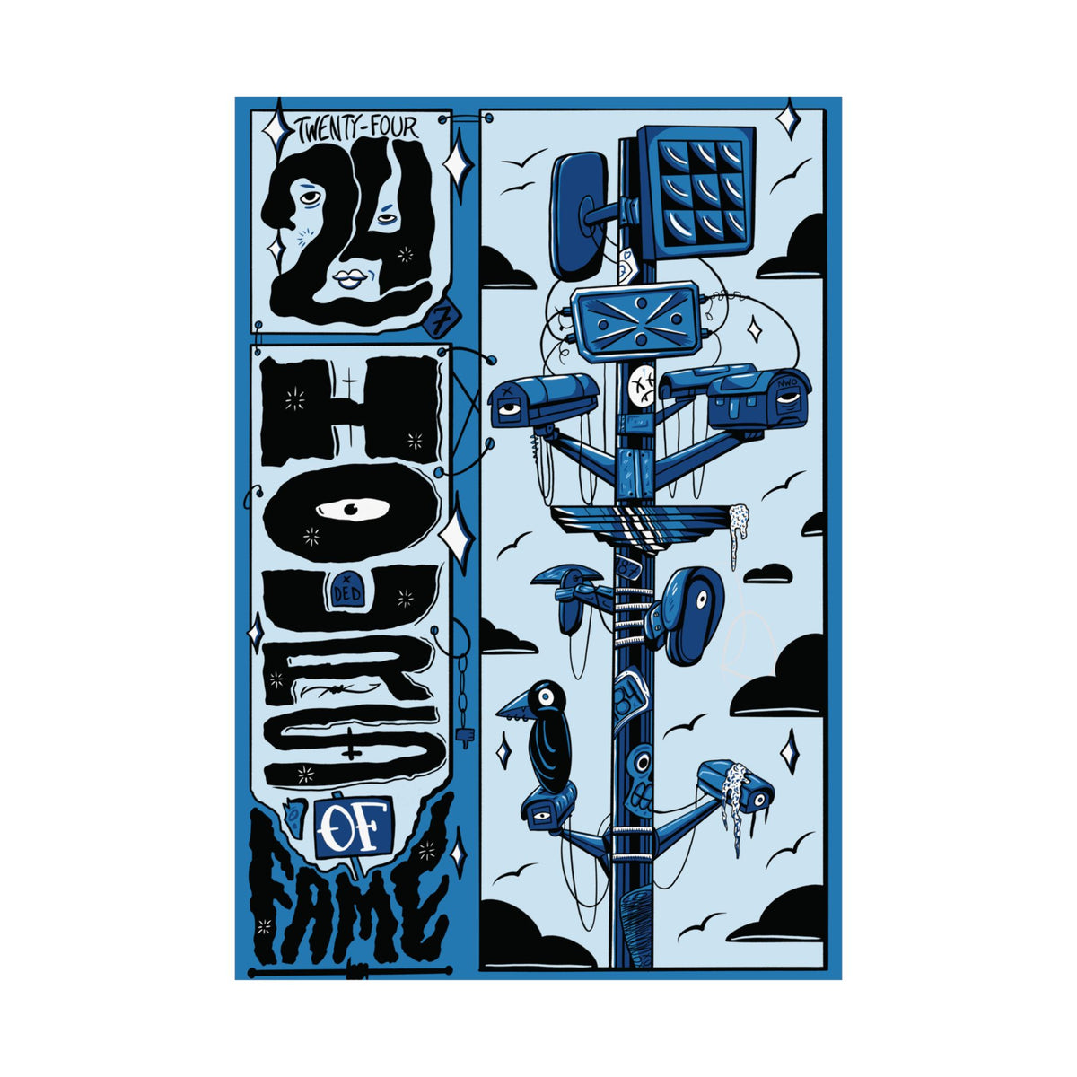 Street Art Poster — '24hrs of Fame' Blue Telecom Pole Matte Print