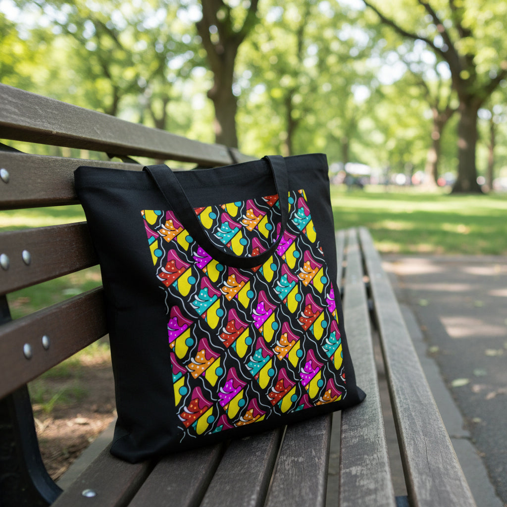 Retro Pop Art Skate Pattern Tote Bag — Colorful Reusable Grocery & Beach Bag
