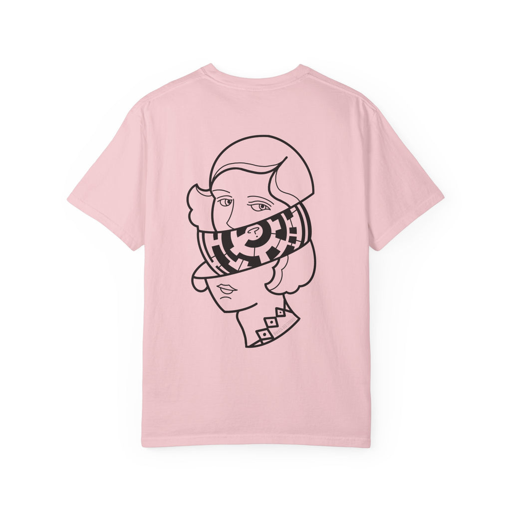 Graphic T-Shirt — Surreal Maze Lady Head Portrait Line Art