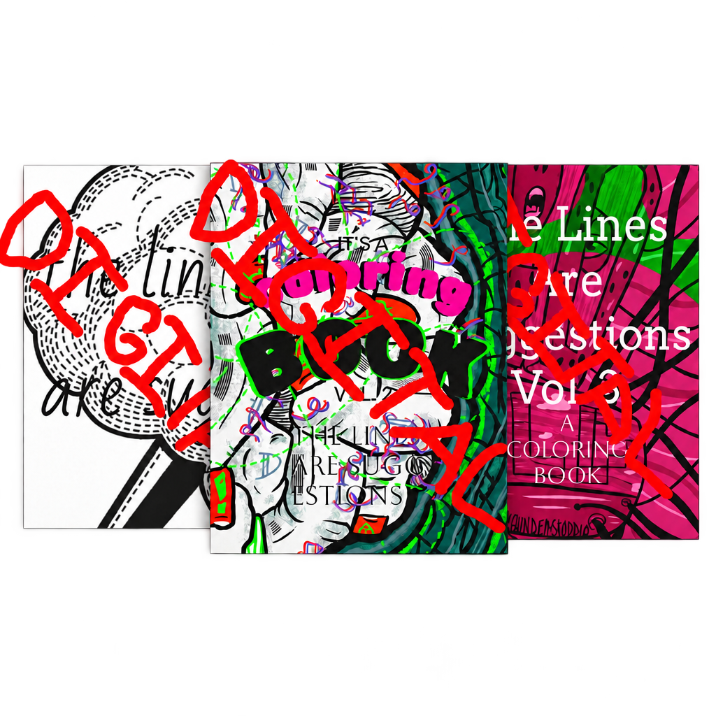 Three digital coloring book covers on a transparent background without promotional text